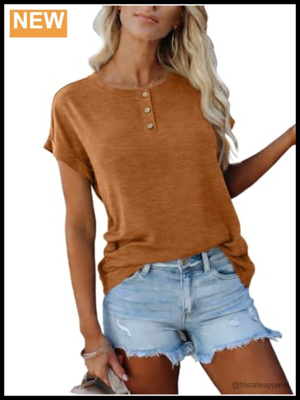 Women Short Sleeve Henley Tunic Tee Loose Fit Coconut Button Top